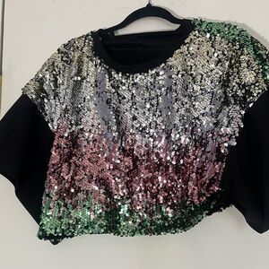 Glamorous Sequin Crop Top in Silver, Pink, and Green